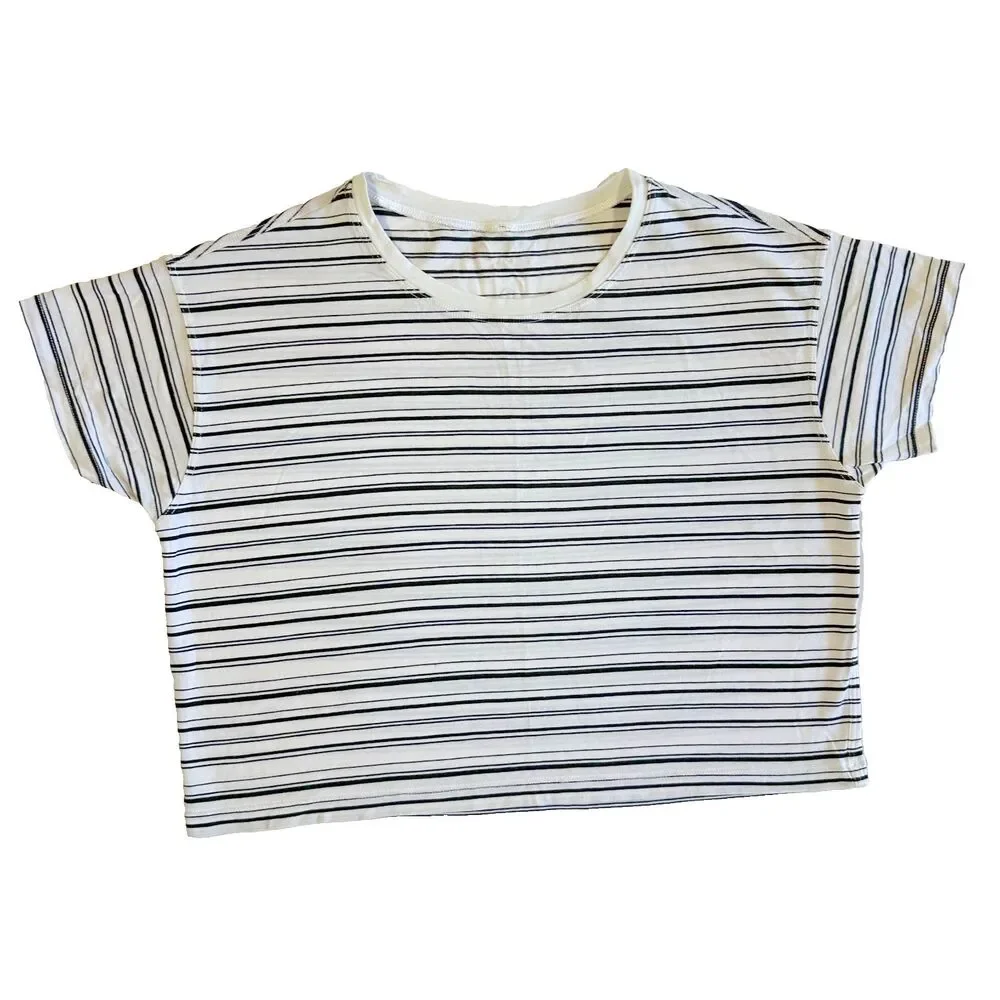 Lululemon Cates Tee Cut Back Stripe White Black T Shirt Crop Pima Cotton